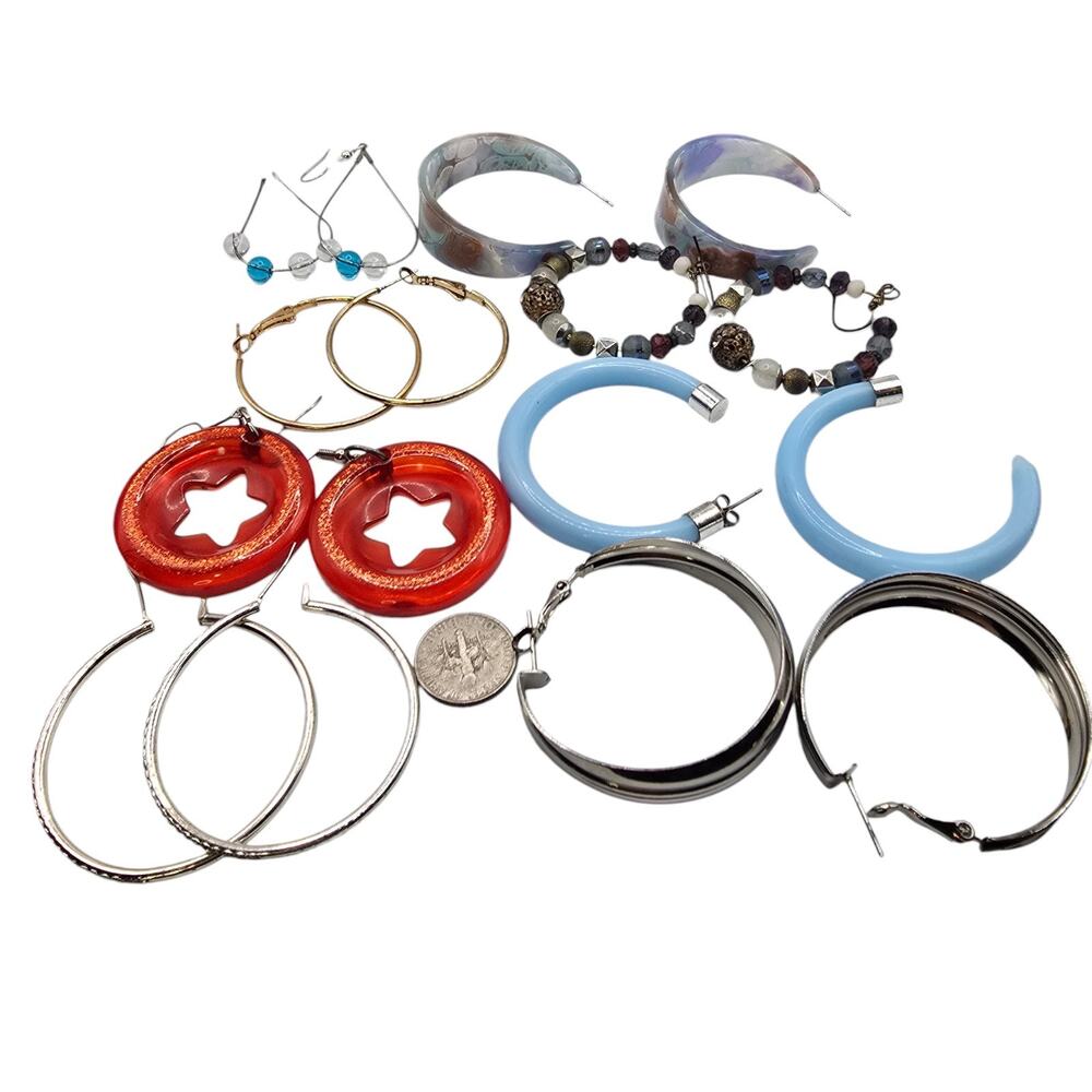 Lot of 8 Pairs Large Hoop Earrings Multicolor Styles For Wear Repurpose SKU 3151